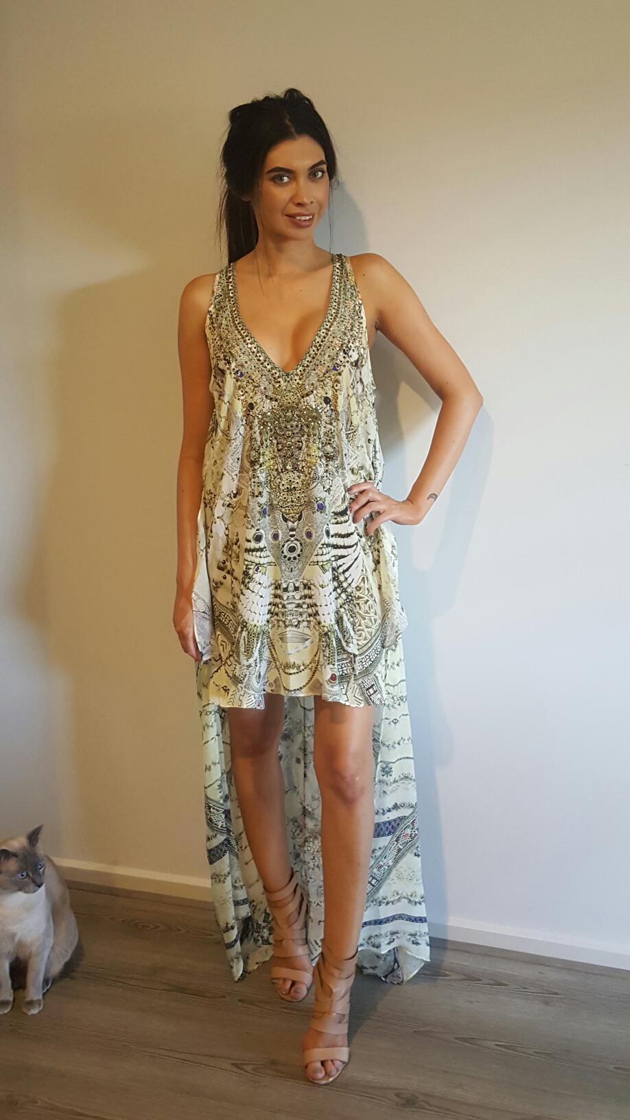 Designer rental Camilla Handiras Hold Multilayer V Neck Short Dress