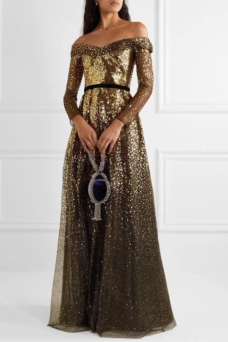 Loan a Marchesa Notte Off The Shoulder Velvet Trimmed Ombré Sequined Tulle Gown