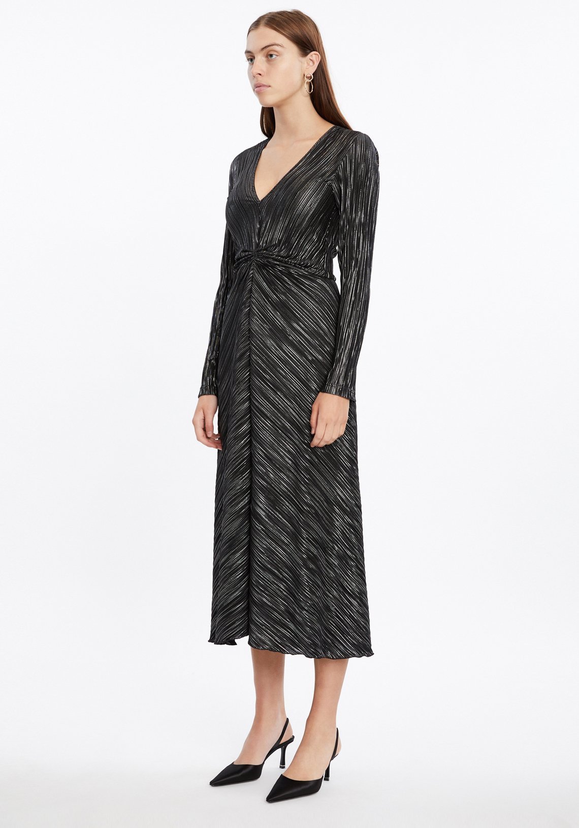 Loan a Rotate By Birger Christensen Number 7 Metallic Weave Plissé Midi Dress In Black
