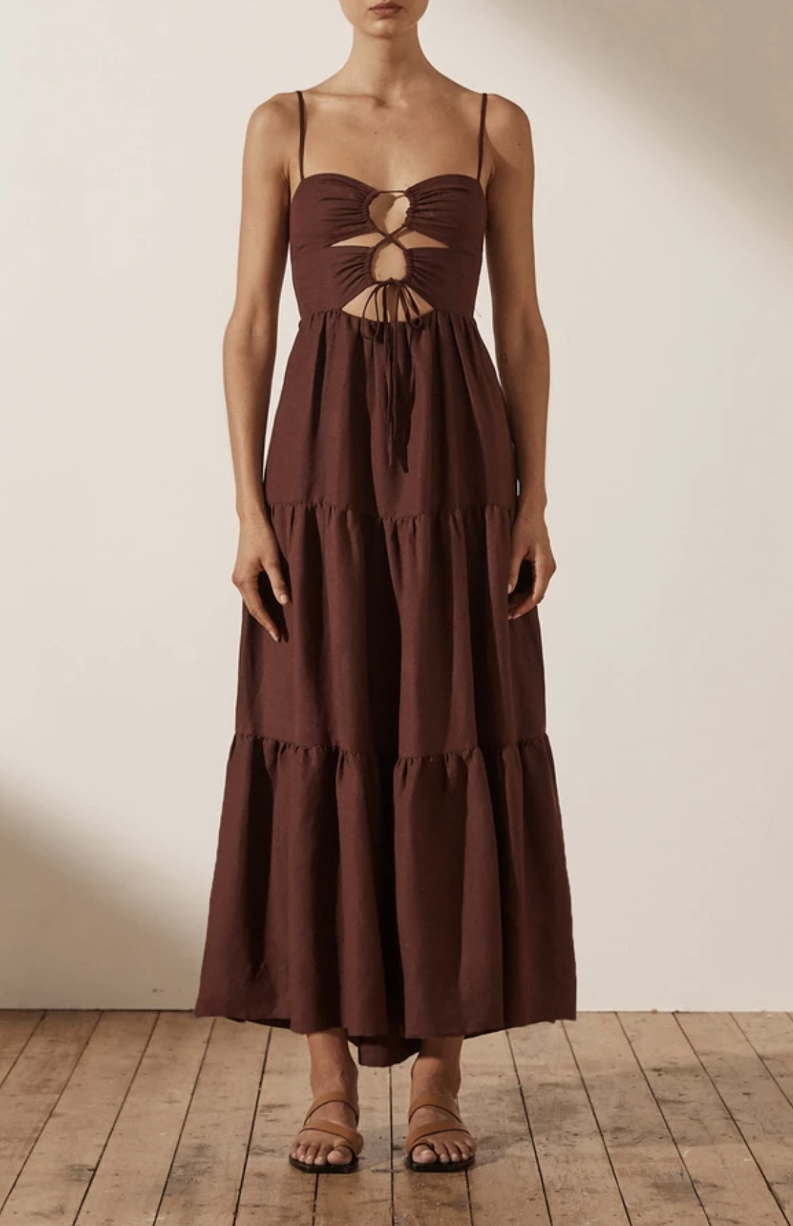 Loan a Shona Joy Rubi Linen Lace Up Backless Midi Dress Cocoa