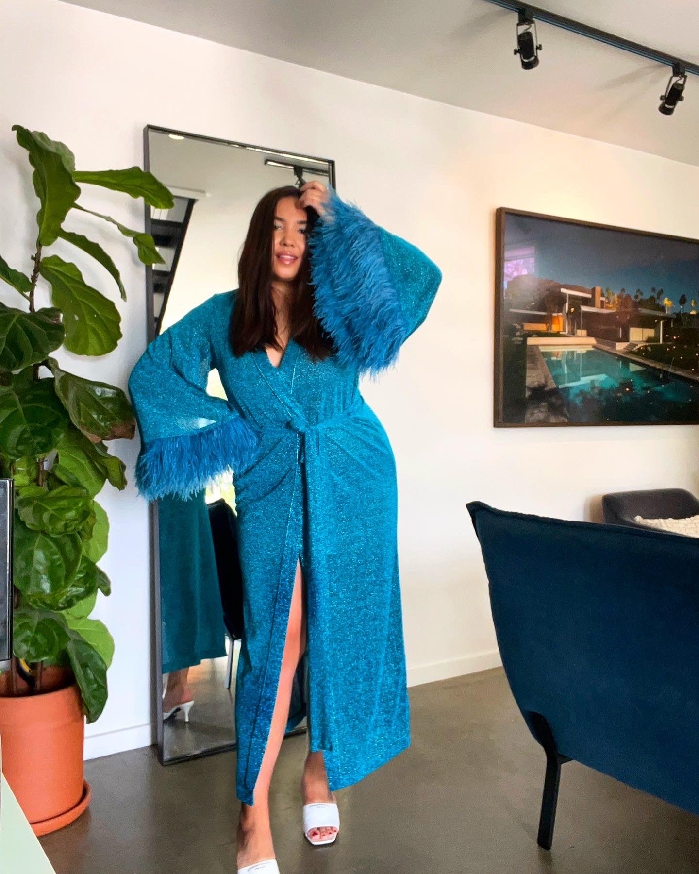 Designer rental Oseree Lumière Feather Trimmed Stretch Lurex Robe