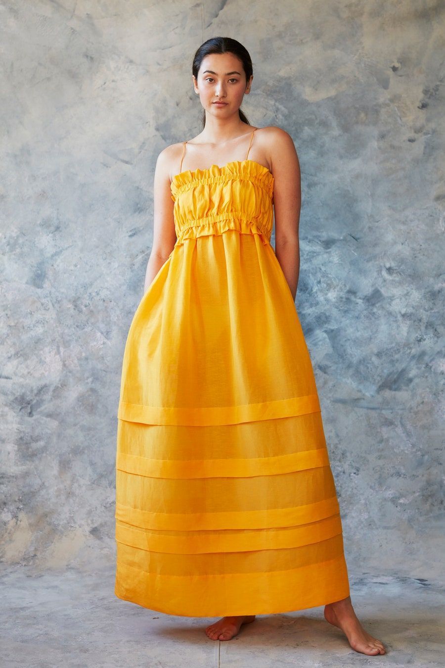 Designer rental Lee Matthews Canary Gathered Maxi Dress