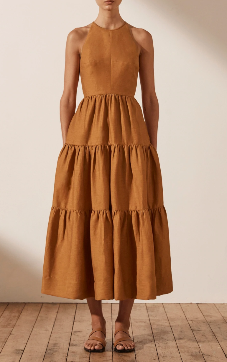 Loan a Shona Joy Maya Linen Backless Halter Midi Dress Turmeric