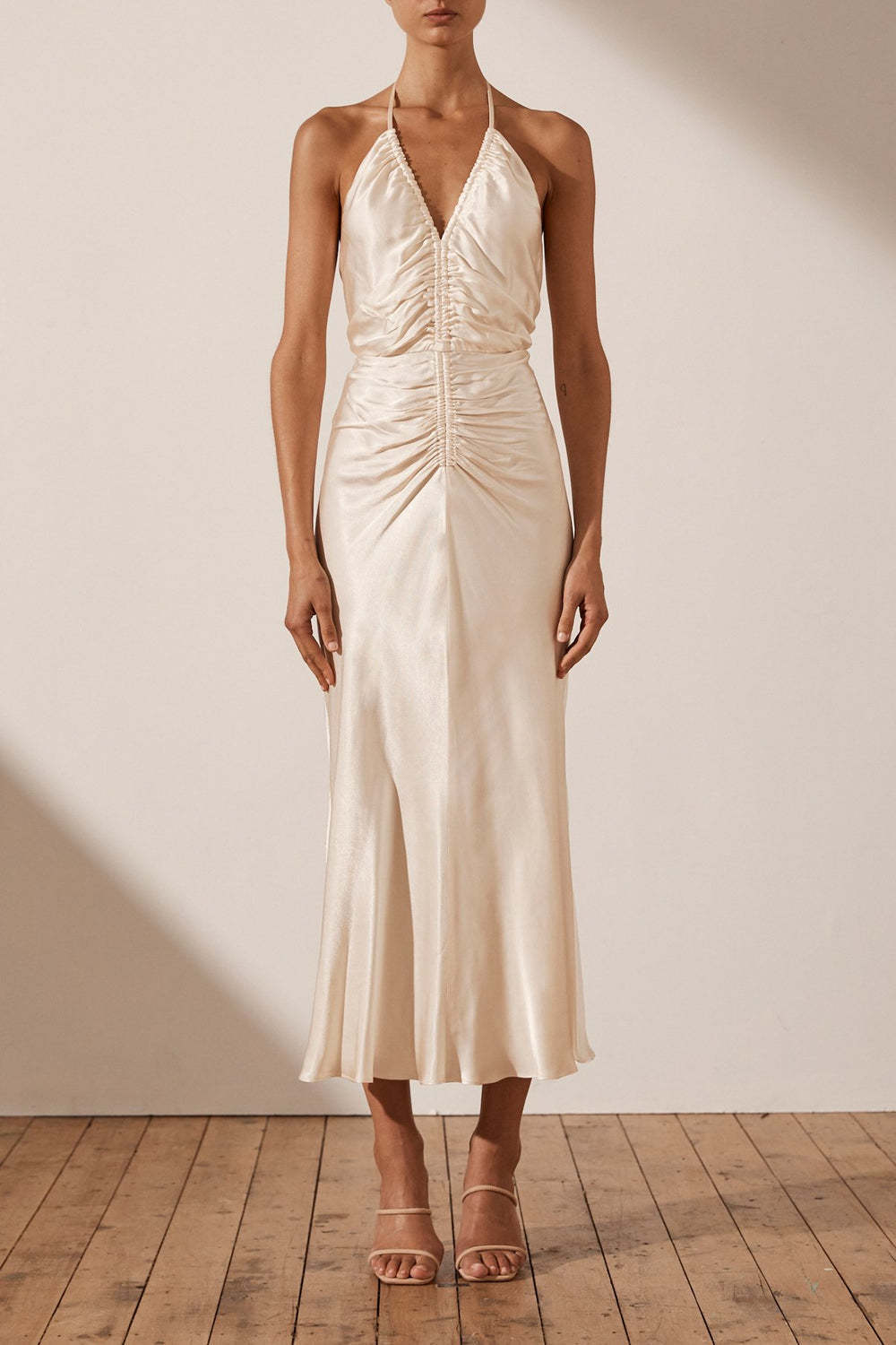 Loan a Shona Joy La Lune Halter Ruched Midi Dress