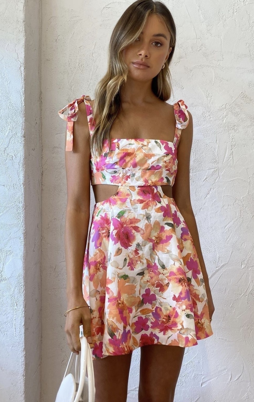 Rental Sofia The Label Cut Out Mini Dress In Peach Pink Floral