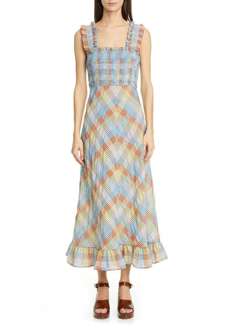 Hire a Ganni Shirred Checked Cotton Blend Seersucker Maxi Dress