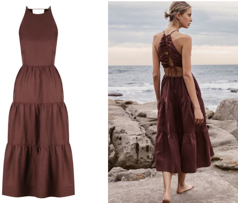 Rent a Shona Joy Marlene Linen Open Back Tiered Midi Dress Chocolate