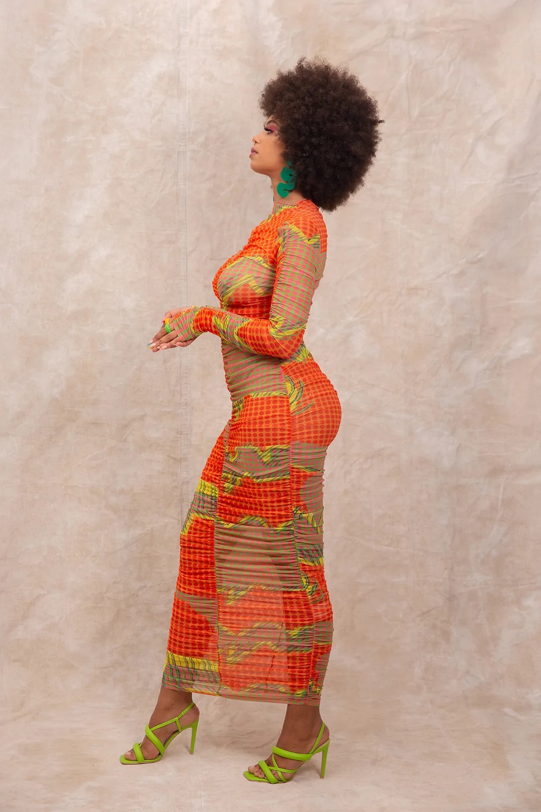 Designer rental Kai Collective Hera Ruched Long Sleeve Maxi Mesh Dress