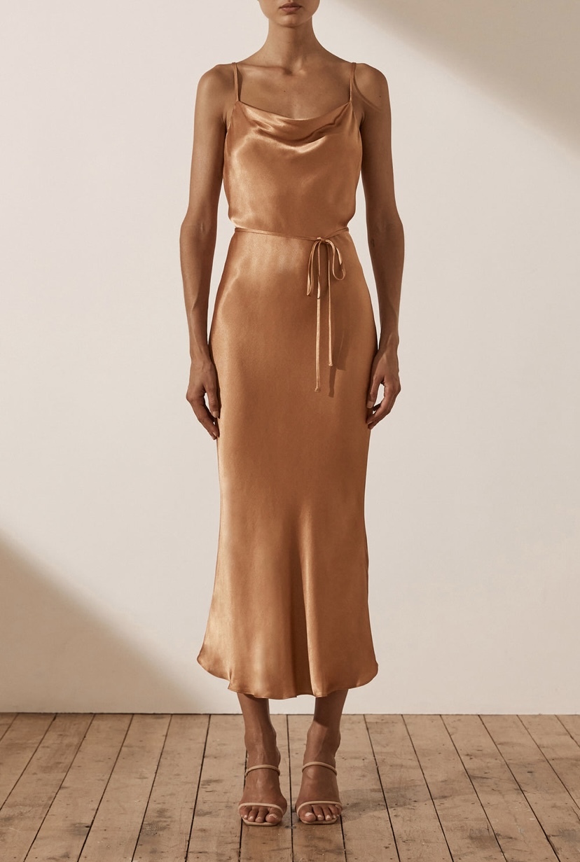 Loan a Shona Joy La Lune Bias Cowl Midi Dress Copper