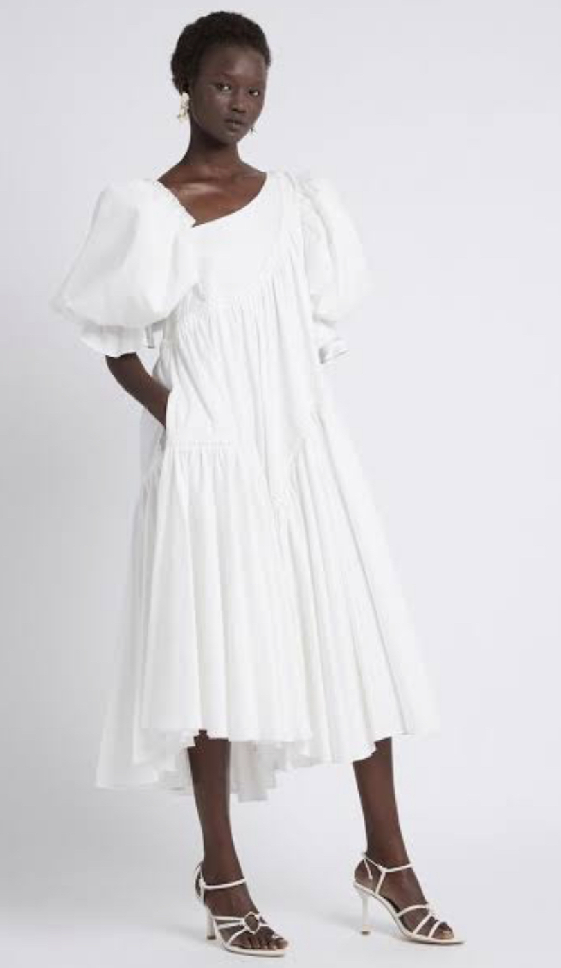 Rental Aje Aje Casabianca Braided Asymmetric Puff Sleeve Midi Dress Ivory Size 8