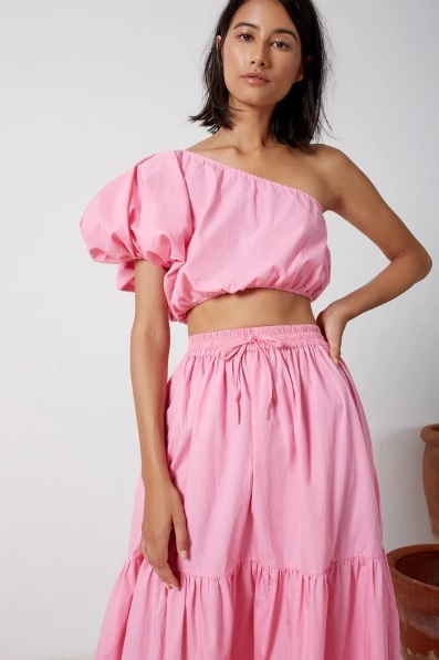 Loan a Swf Boutique Puff Sleeve Crop And Tiered Maxi Skirt Set Pink