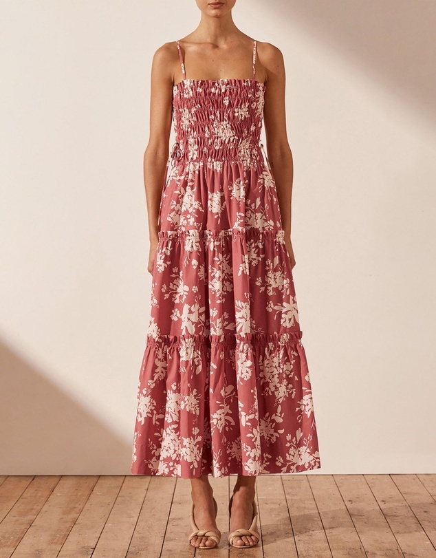 For rent a Shona Joy Cali Shirred Tiered Midi Dress