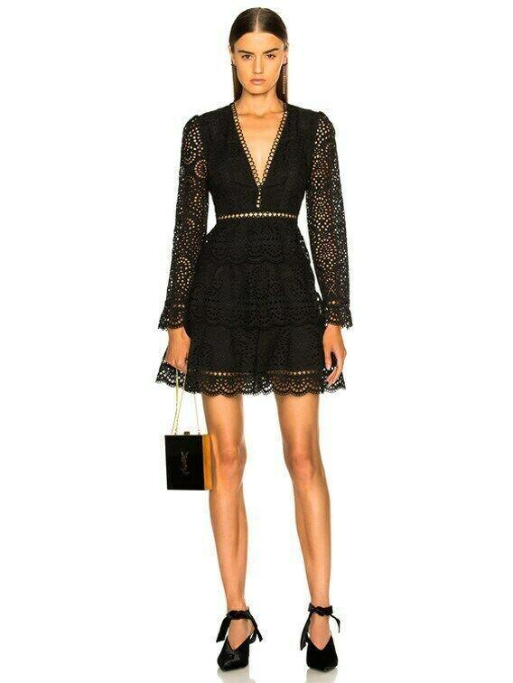 Loan a Zimmermann Tiered Cotton Eyelet Lace Mini Black Dress