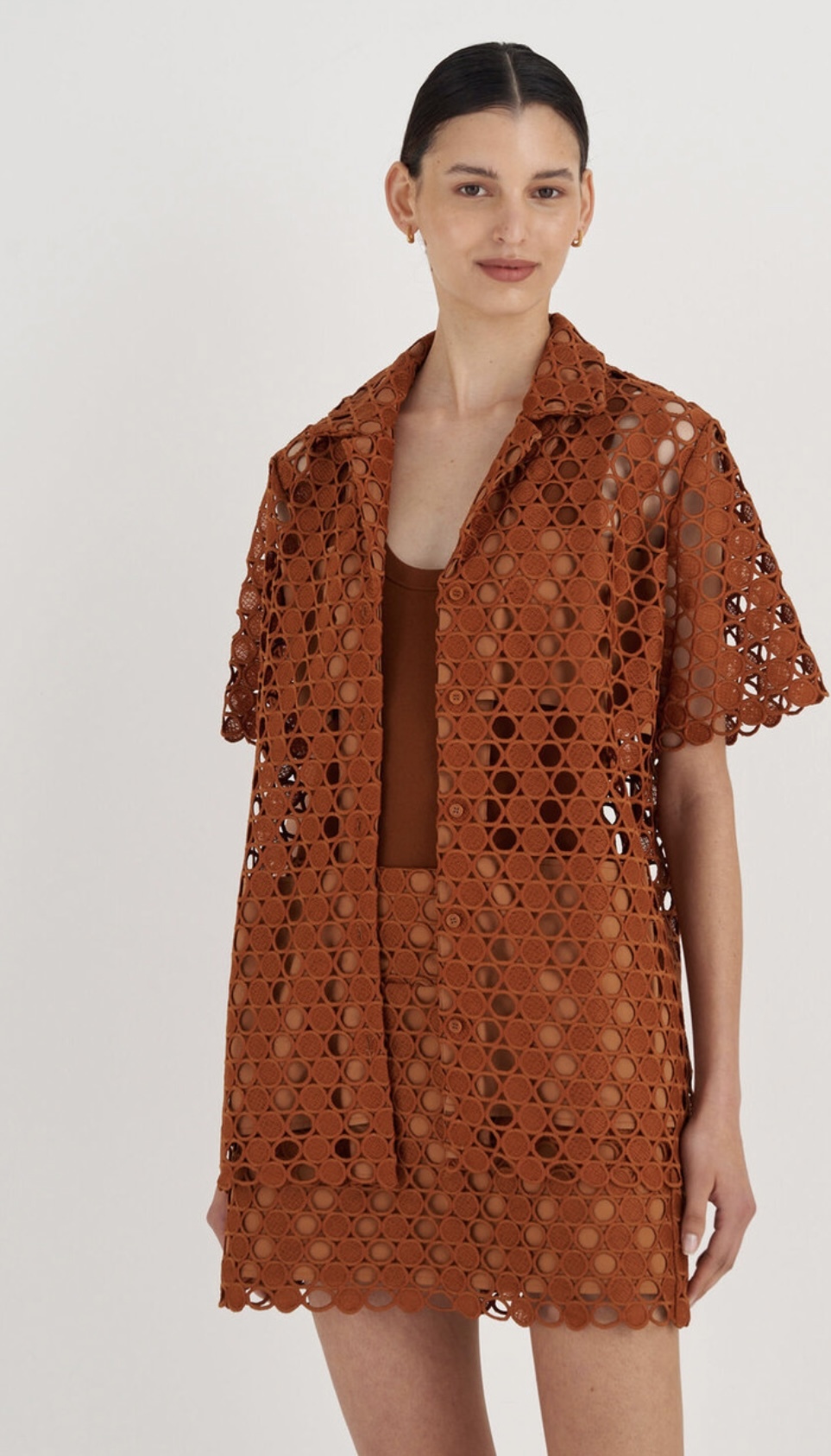 Loan a Oroton Short Sleeve Lace Over Shirt + Skirt