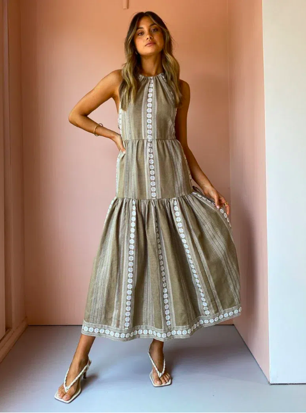 Rent a Shona Joy Lizete Backless Halter Midi Dress In Cumin/Ivory