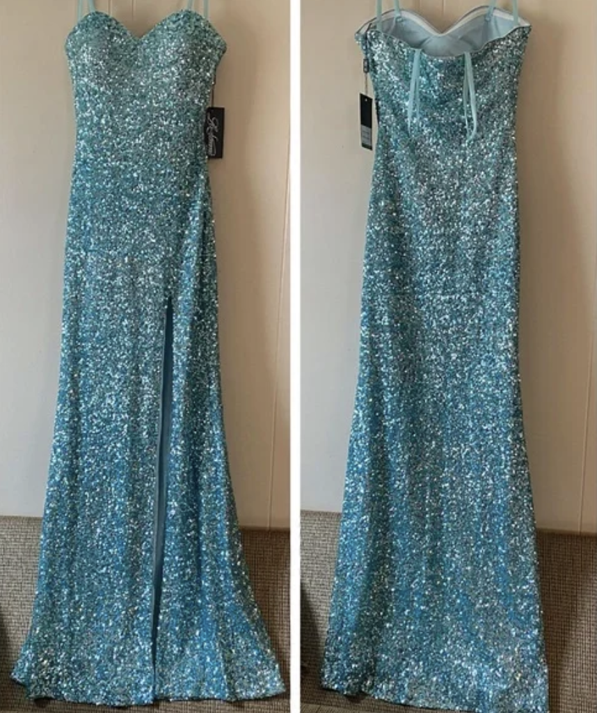 Affordable La Femme Baby Blue Sequin Long Gown
