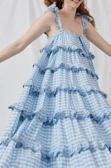 Rent a Innika Choo Scallop Fill Blue And White Gingham Maxi Dress