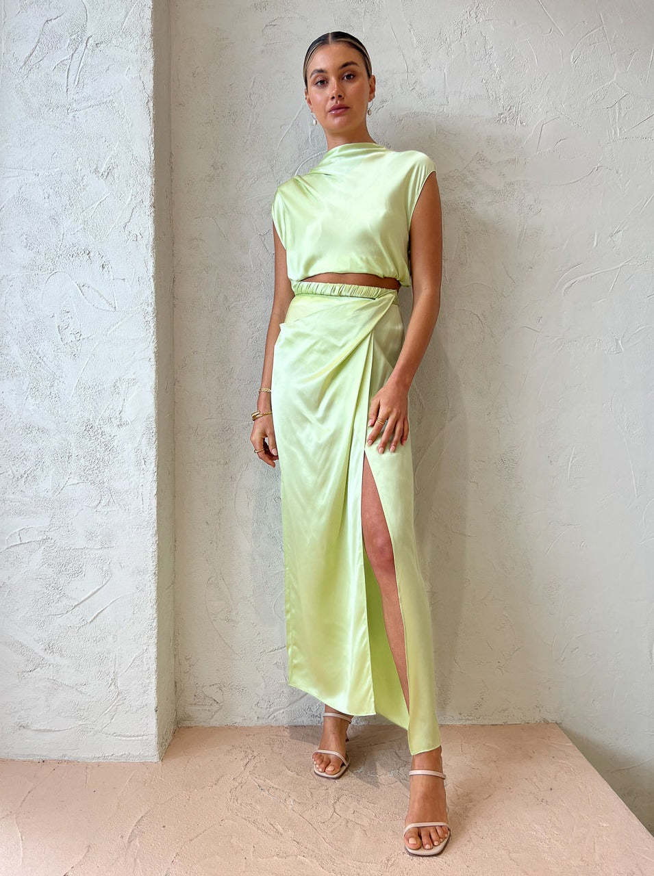 Rent a Ginia Sloane Skirt In Lime & Ginia Indy Drape Top In Lime (M & Xs)