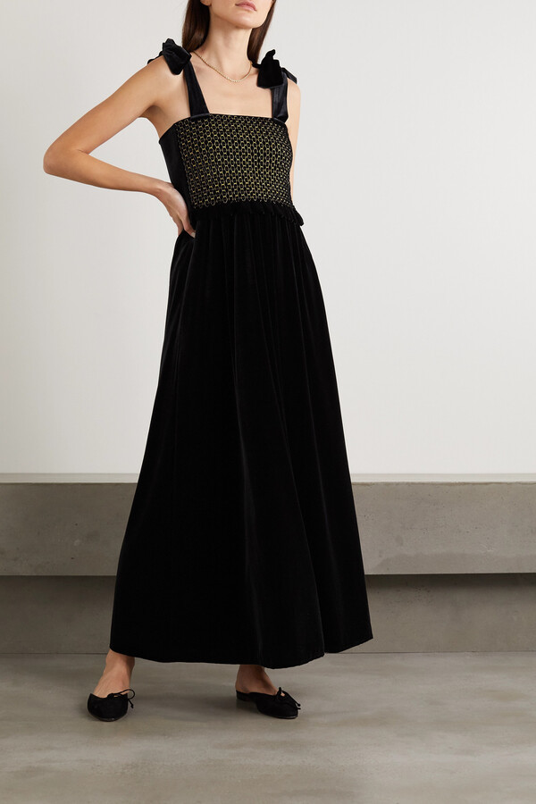 Formal rental Loretta Caponi Laudomia Bow Detailed Smocked Stretch Velvet Maxi Dress