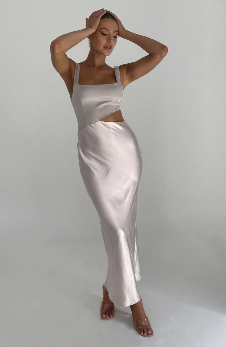 Borrow a Meshki Gianna Two Tone Slashed Maxi Dress Blush Pink