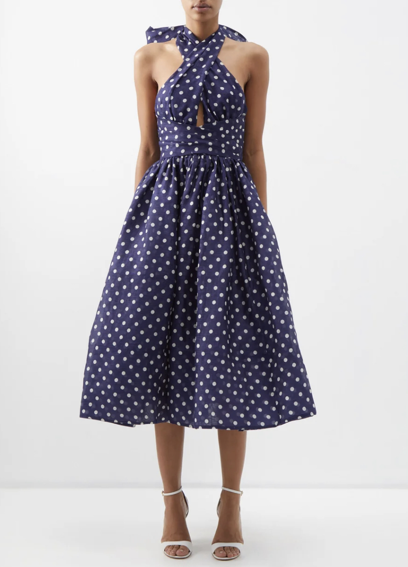 Formal rental Zimmermann High Tide Polka Dot Linen And Silk Blend Halter Neck Midi Dress