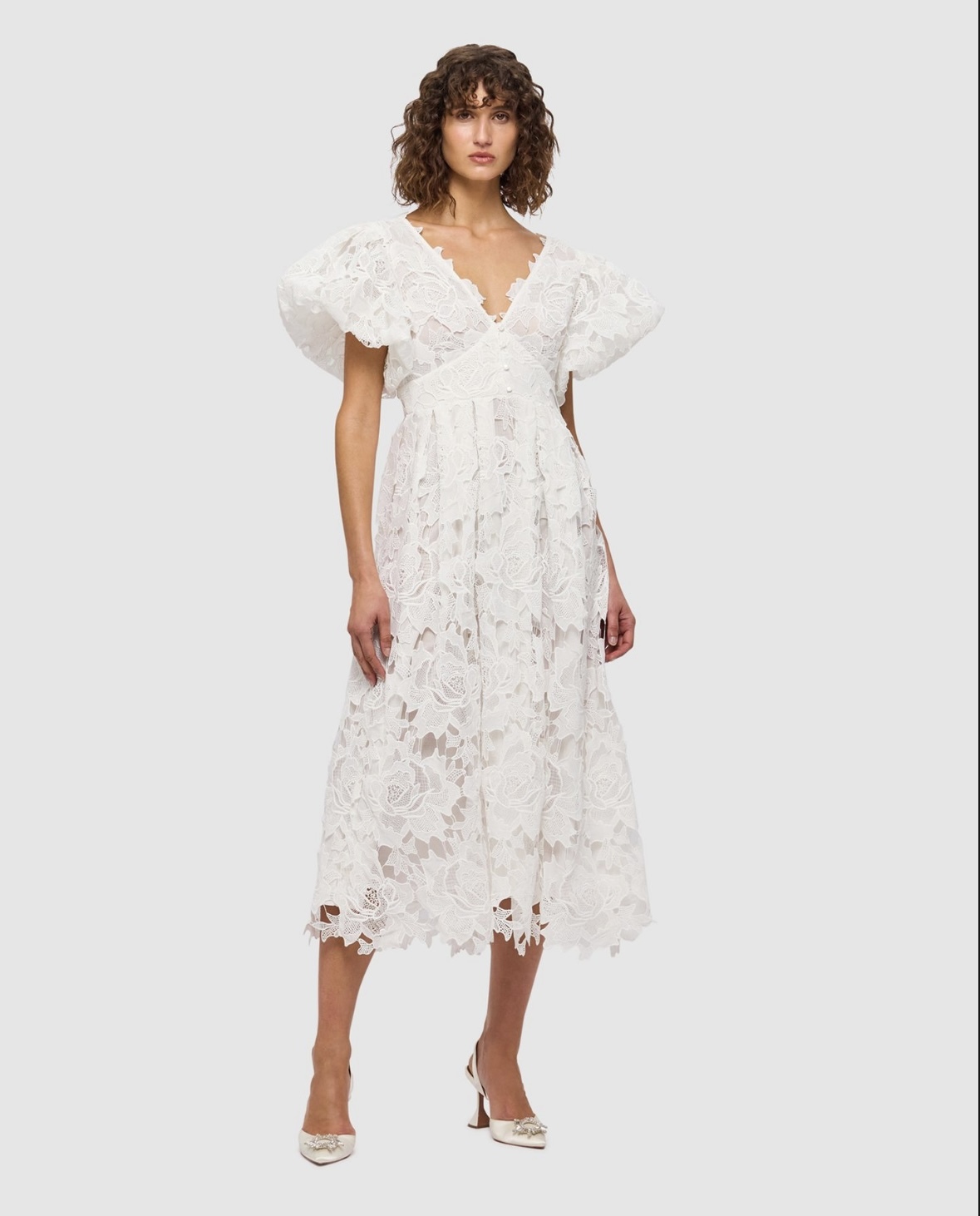 Designer rental Leo Lin Jennifer Lace V Neck Midi Dress Snow