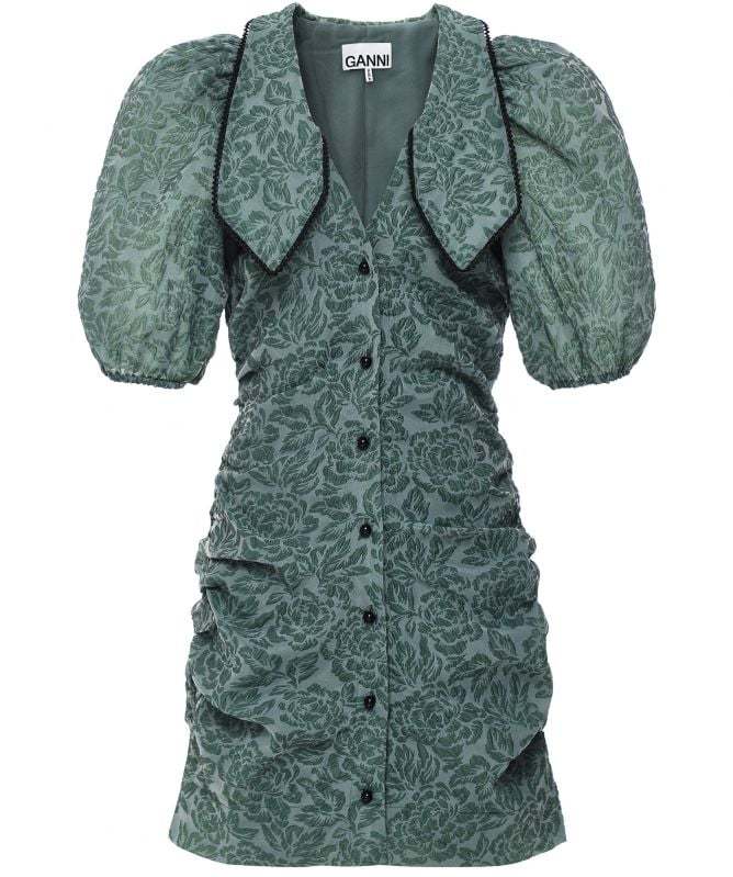 Rent a Ganni Ruched Jacquard Organza Mini Dress Green