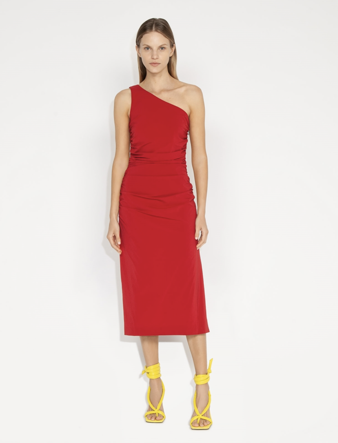 Borrow a Cue Ruched One Shoulder Dress