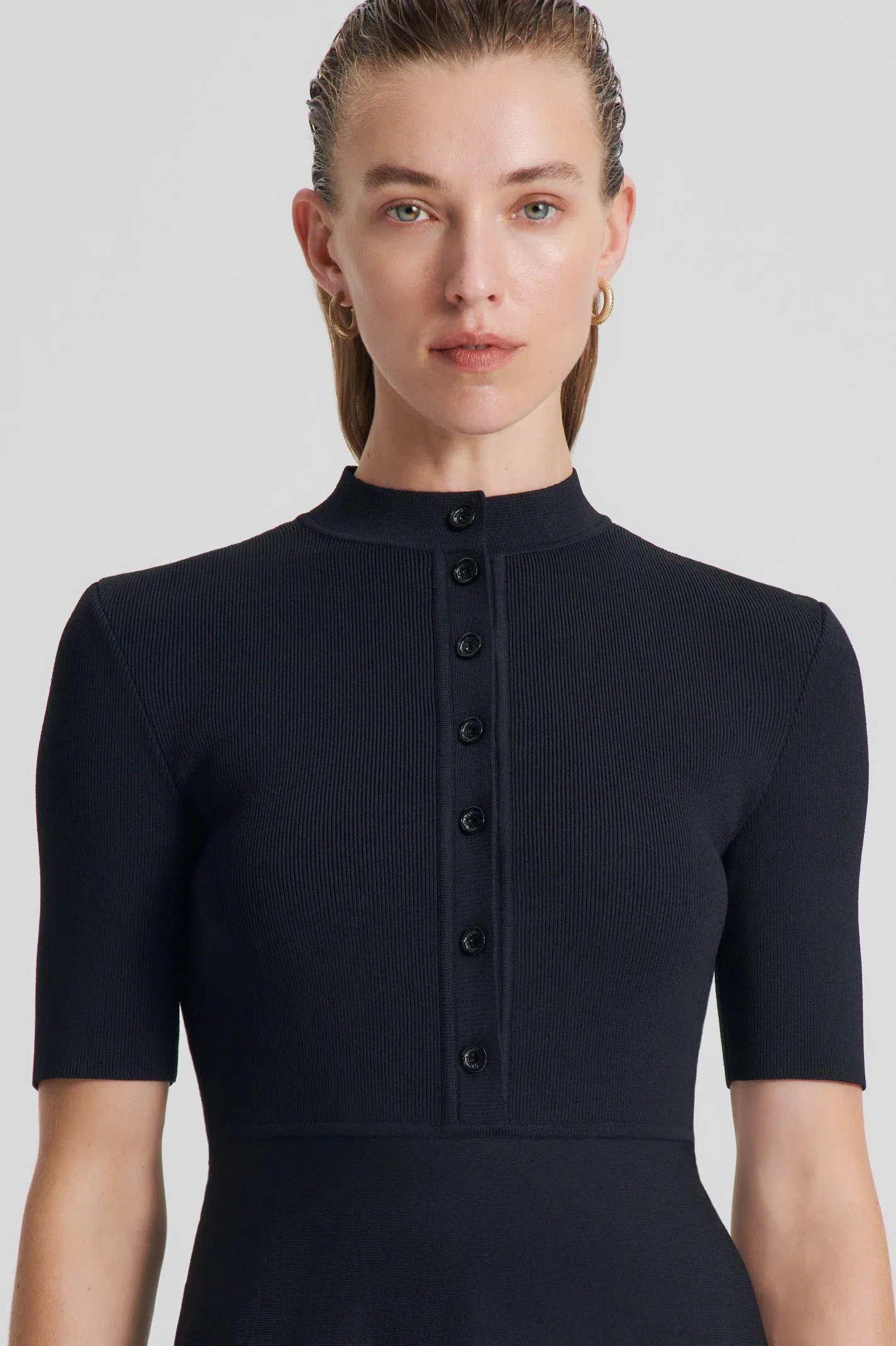 Formal rental Scanlan Theodore Crepe Knit Short Sleeve Button Midi Dress Black Size Xs/Au 6