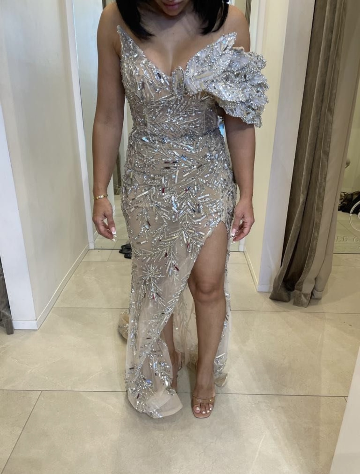 Cheap designer Goddess Silver Beaded With One Sleeve Feature