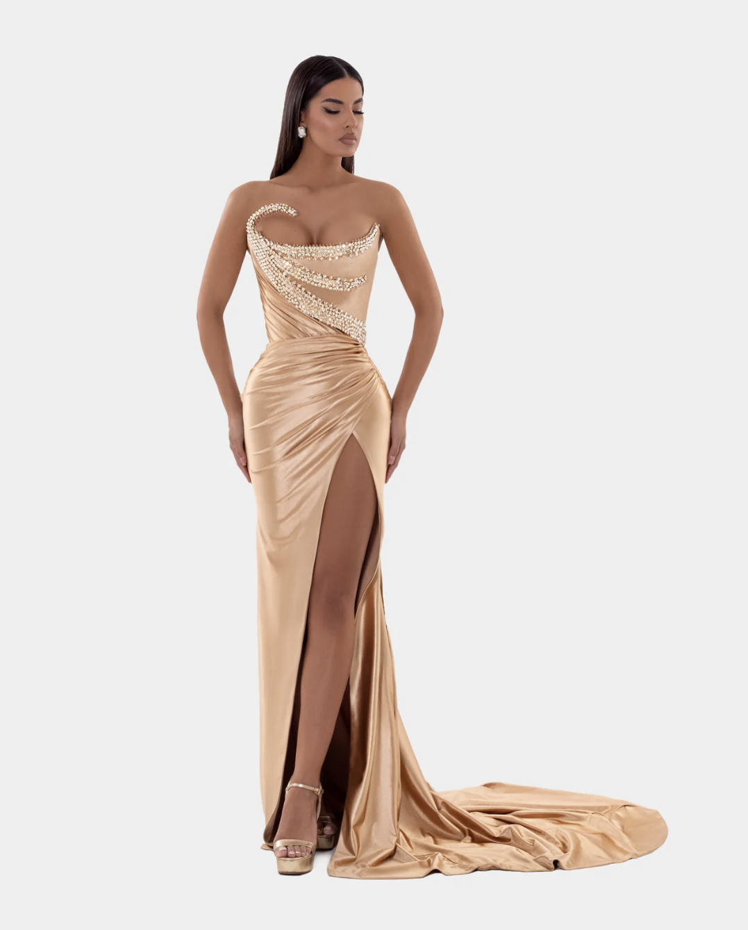 Cheap designer Albina Dyla Corset Champagne Gold Dress