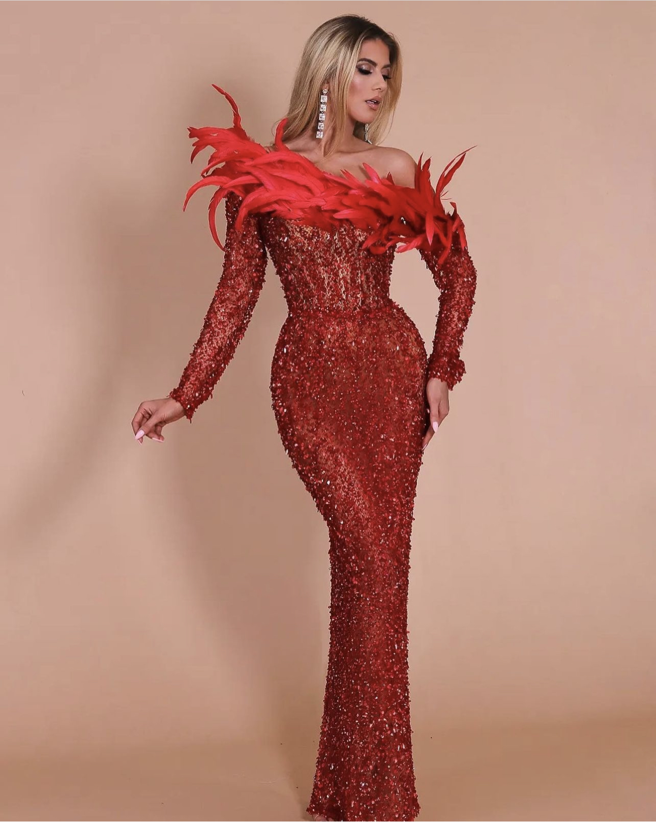 Formal rental Albinadyla Albina Dyla Ivy Red Beaded Feather Dress