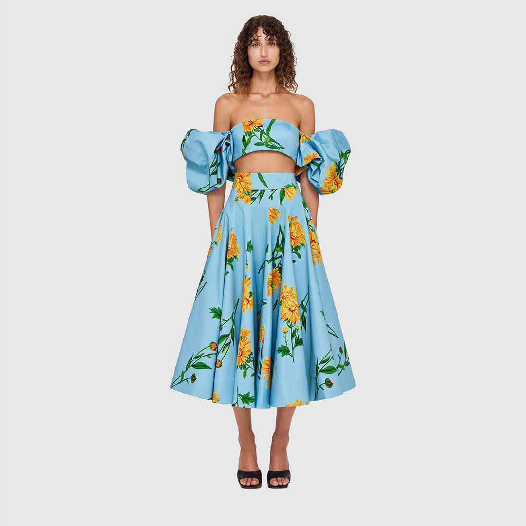 Cheap designer Leo Lin Leo Lin Marguerite Bleu Puff Top & Skirt Set Floral Size 6