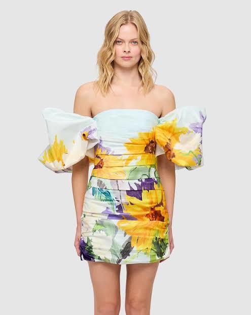 Borrow a Leo Lin Brenda Puffy Sleeve Mini Dress Sunflower Print In Landscape