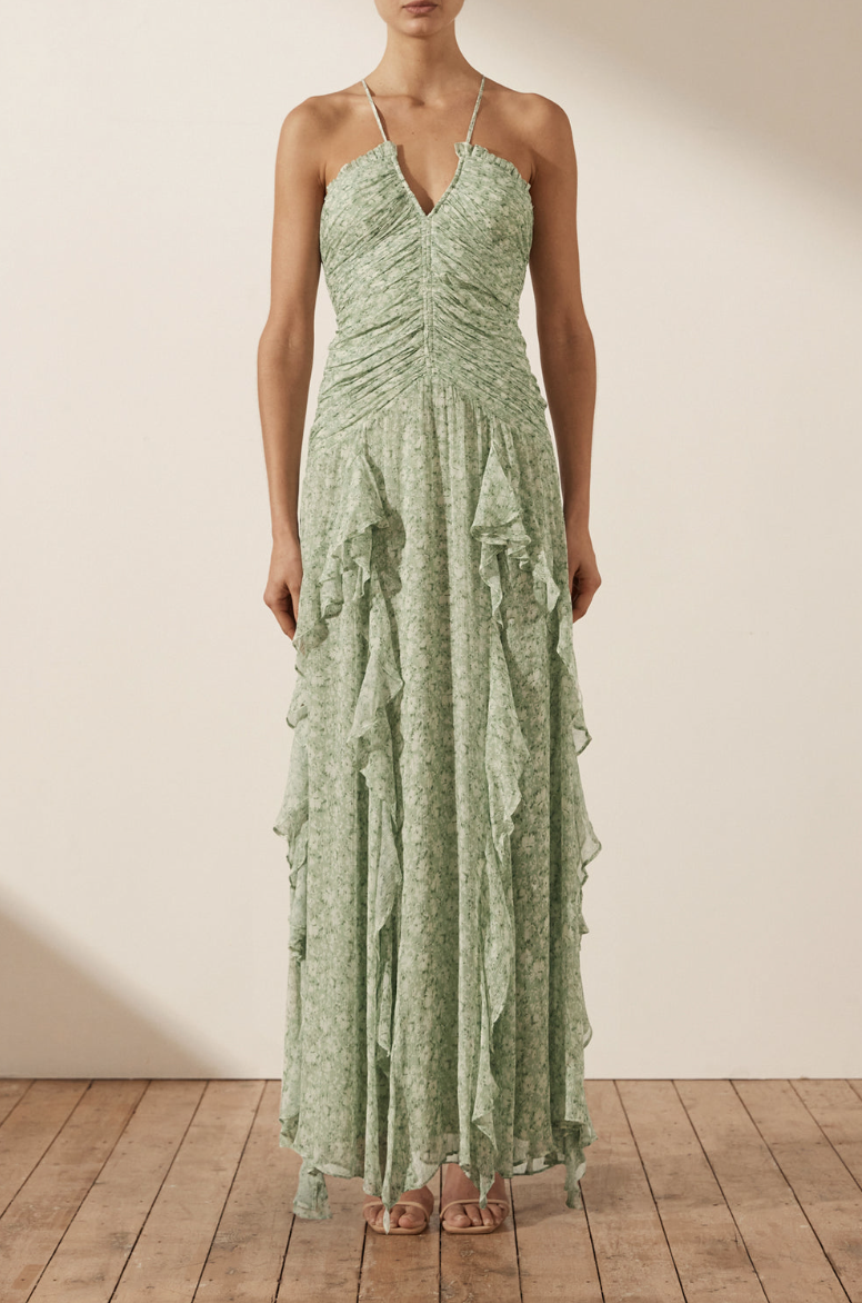 Borrow a Shona Joy Aurore Ruched Frill Maxi Dress Thyme/Multi