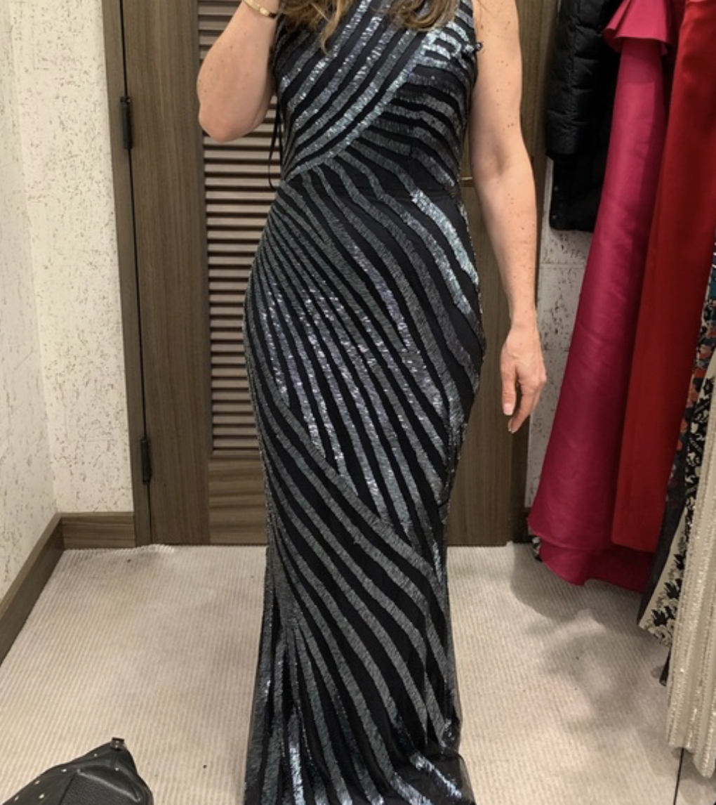 Designer rental Rachel Gilbert Black Sequin Evening Gown