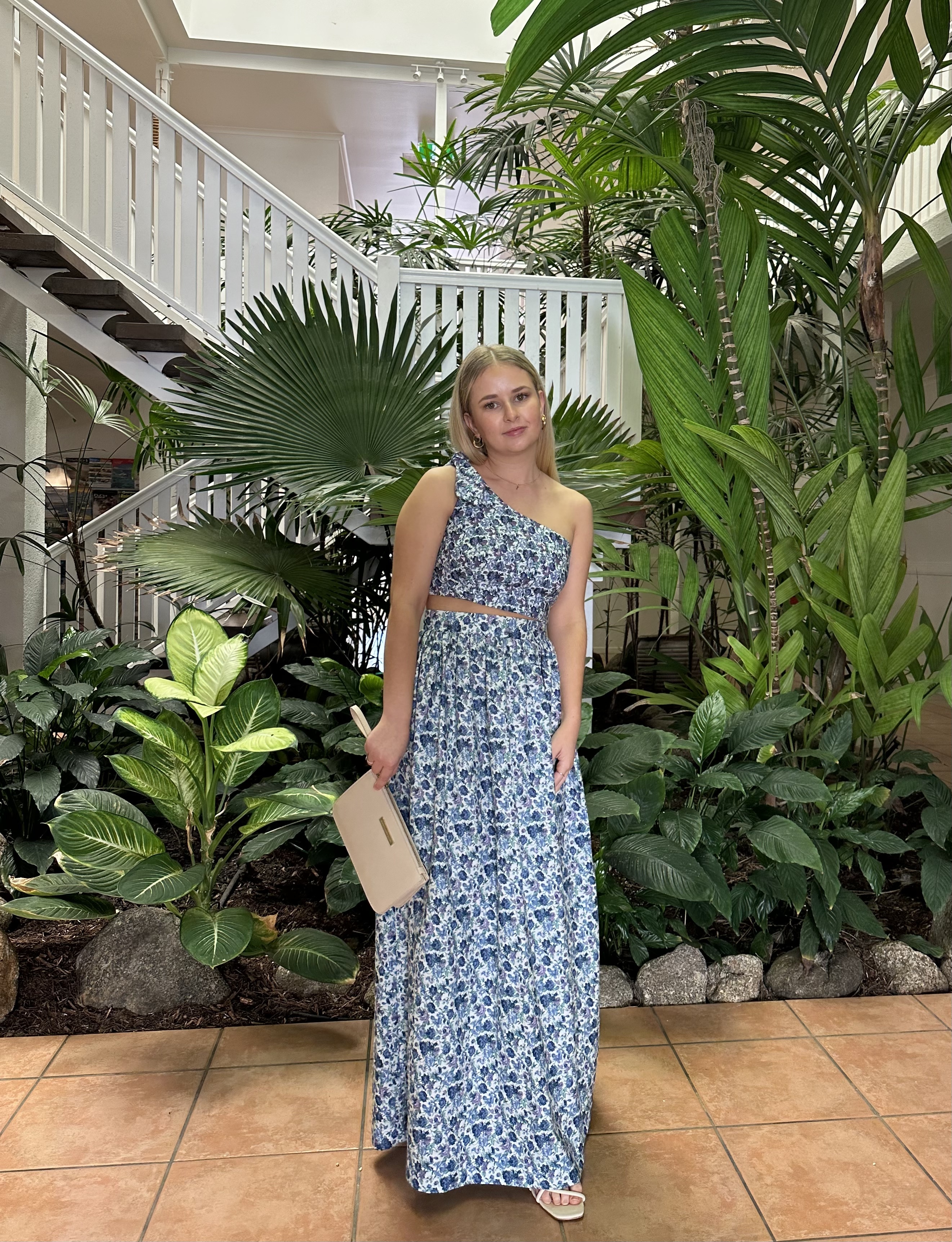 Designer rental Isabelle Cull Blue Floral One Shoulder Tie Crop And Blue Floral Gathered Midi Skirt