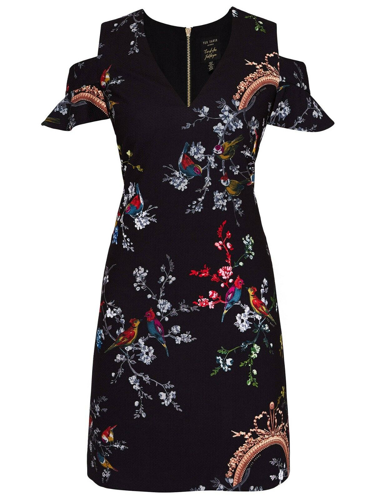 Borrow a Ted Baker Ted Baker Black Opulent Fauna Print Keosha Cold Shoulder Shift Dress.