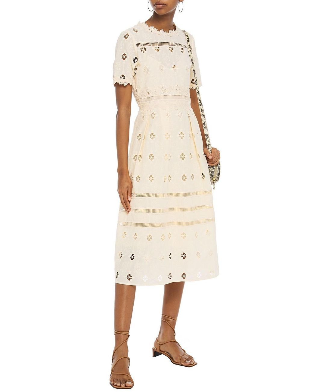 Designer rental Maje Maje Roselli Eyelet Midi Dress In Nude