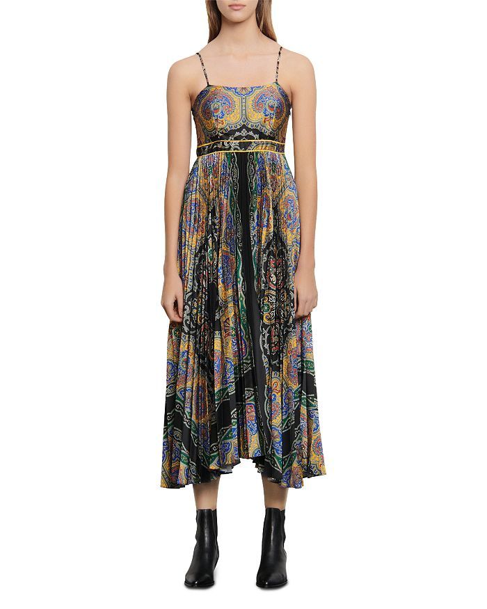 Cheap designer Sandro Pleated Printed Satin Twill Midi Dress
