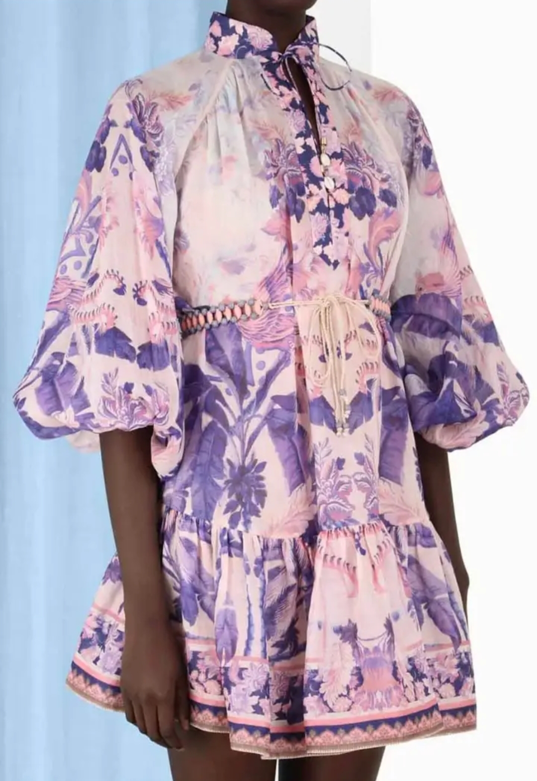 Affordable Zimmermann Lyre Billow Purple Palms Mini Dress