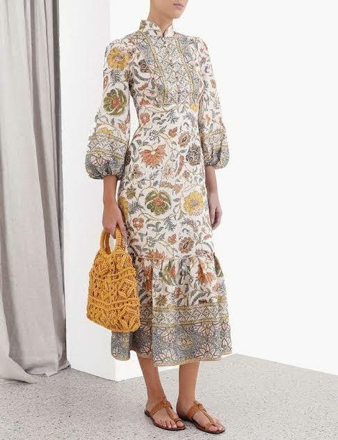 Designer rental Zimmermann Edie Balloon Sleeve Floral Print Linen Dress Green Print