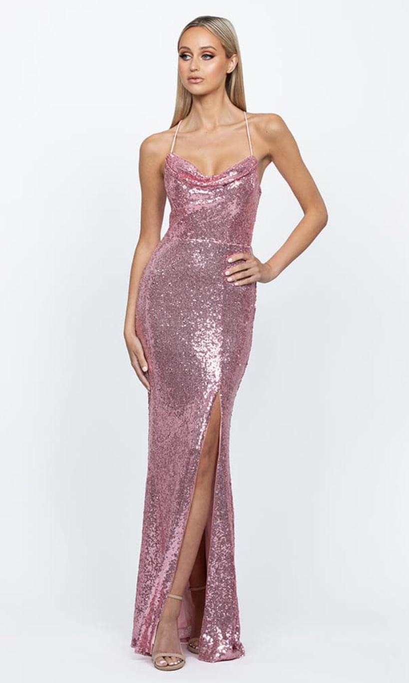 Rental Bariano Stephanie Cowl Draped Sequin Gown Baby Pink