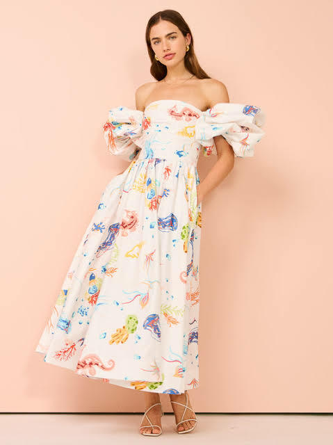 Loan a Leo Lin Matilda Puff Sleeve Midi Dress Twilight Print In White