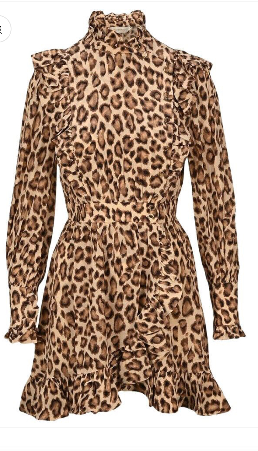 Affordable Zimmermann Zimmermann Lucky Frill Mini Dress | Leopard Print, Dolman Sleeves, Double Breast
