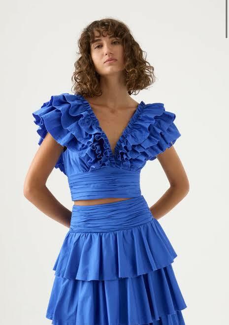 For rent a Aje Aje Rhytmic Frill Bodice And Eleni Tiered Maxi Skirt Eleni Set Blue Size 10 12