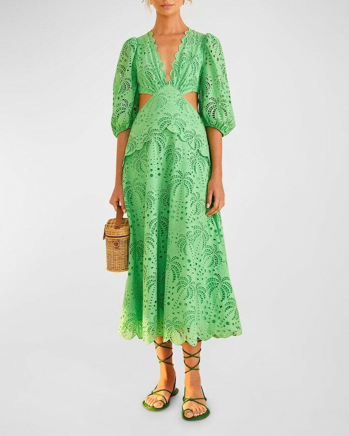 Hire a Farm Rio Green Richelieu Cutwork Midi Dress