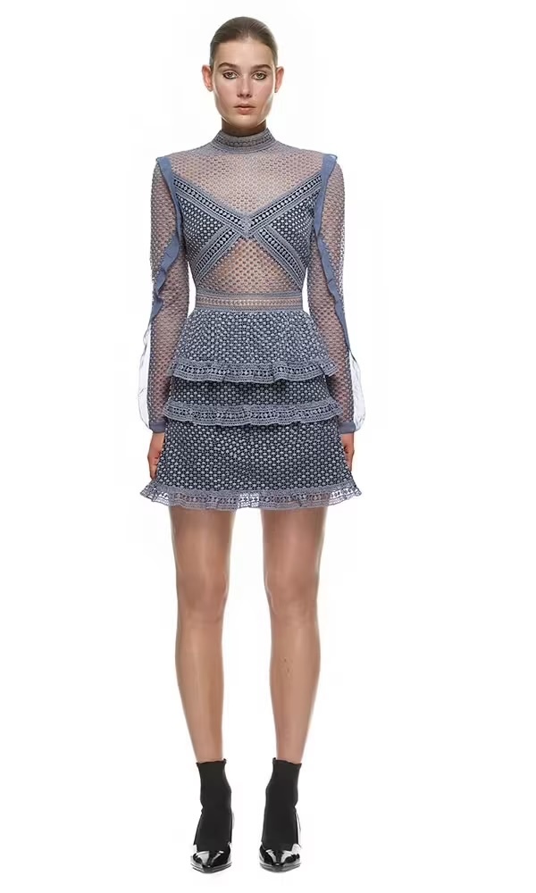 Designer rental Self Portrait Dot Mesh Tiered Mini Dress Grey