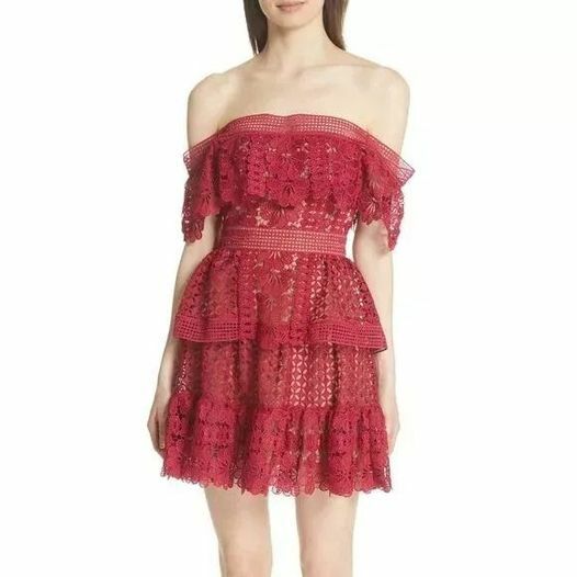 Designer rental Self Portrait Red Off Shoulder Guipure Mini Dress