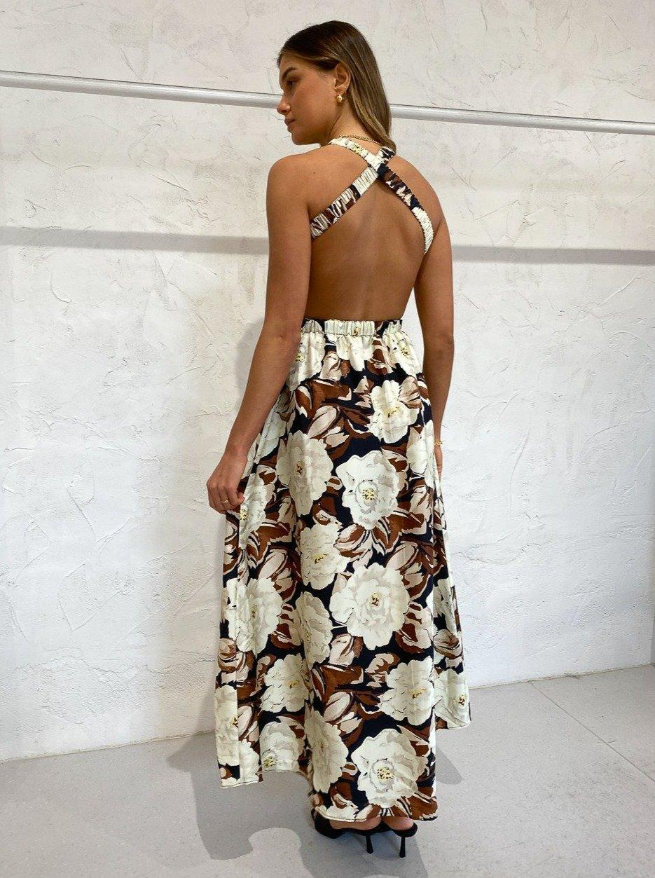 Designer rental Sir The Label Vivienne Cross Back Brown Floral Dress